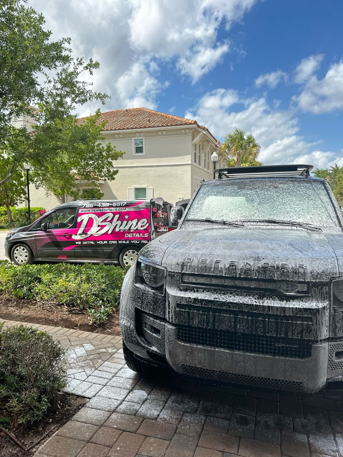 DShine Details foam washing a Land Rover Defender at a South Florida residence